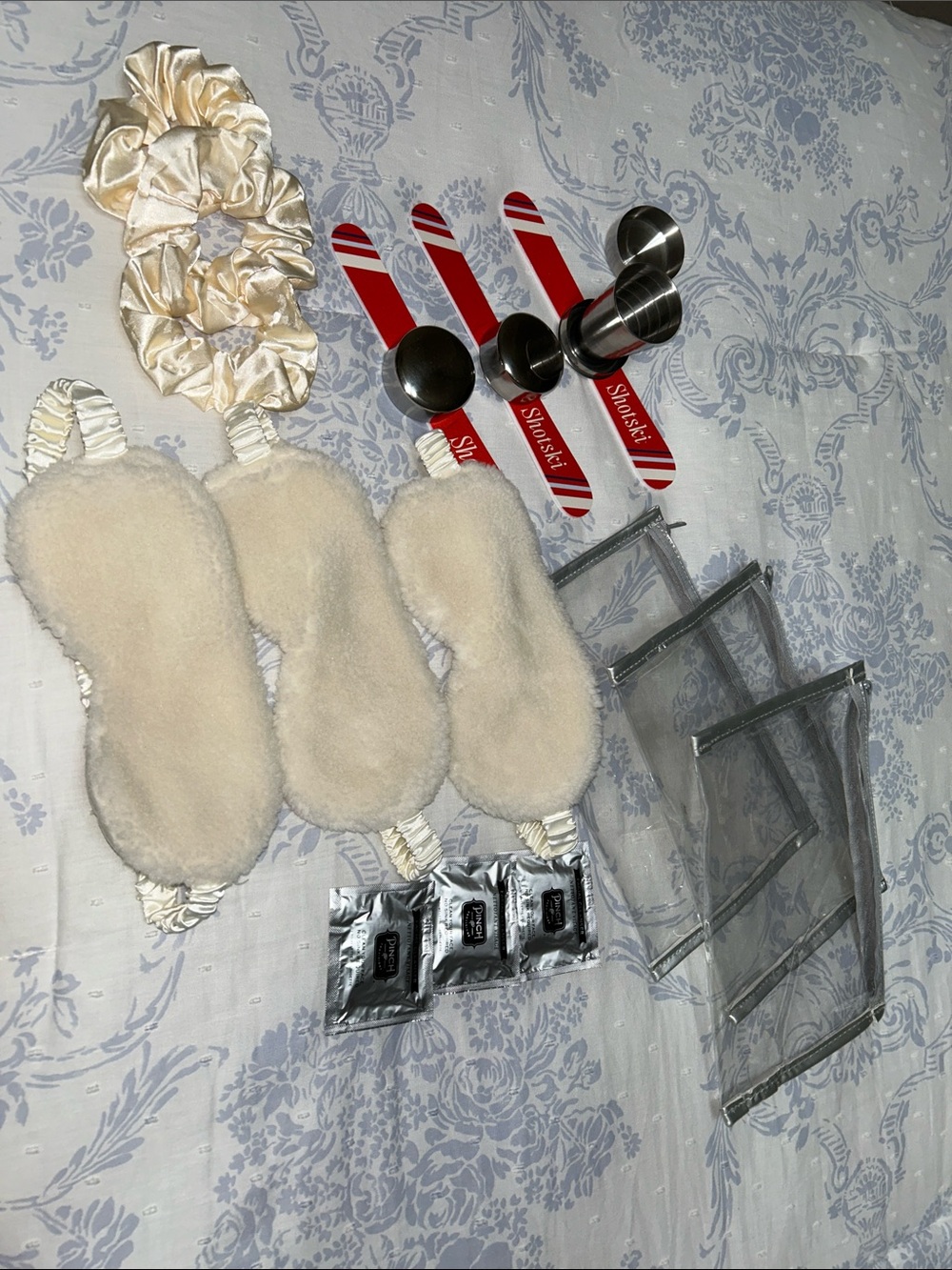 New Set of 3 Travel Kit- Cream Satin Scrunchies & Plush Eye Masks Set